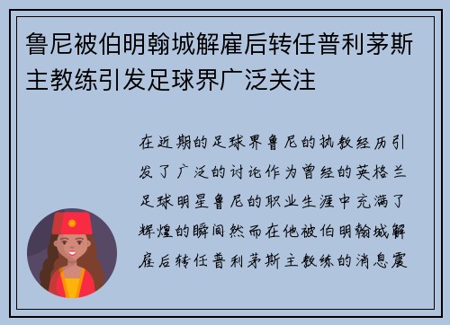 鲁尼被伯明翰城解雇后转任普利茅斯主教练引发足球界广泛关注 鲁尼被伯明翰城解雇后转任普利茅斯主教练引发足球界广泛关注