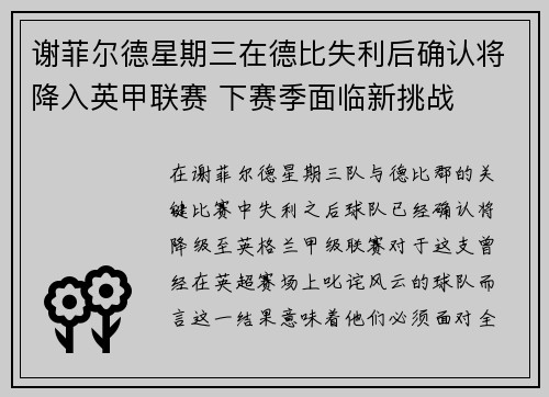 谢菲尔德星期三在德比失利后确认将降入英甲联赛 下赛季面临新挑战 谢菲尔德星期三在德比失利后确认将降入英甲联赛 下赛季面临新挑战
